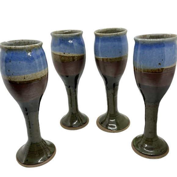 Wine Goblets Flutes Set of Four Ceramic Handmade 1984 Vintage Blue Brown Retro - Picture 1 of 16